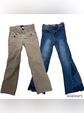 2 Pair Sz 7 Stretch Patch Work Bell Bottom Jeans 1st KISS Gap Beige Flair Leg